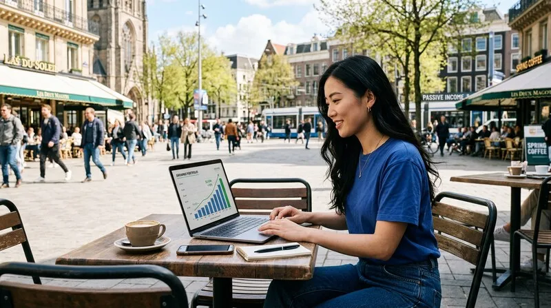 Young woman investment app smartphone smiling